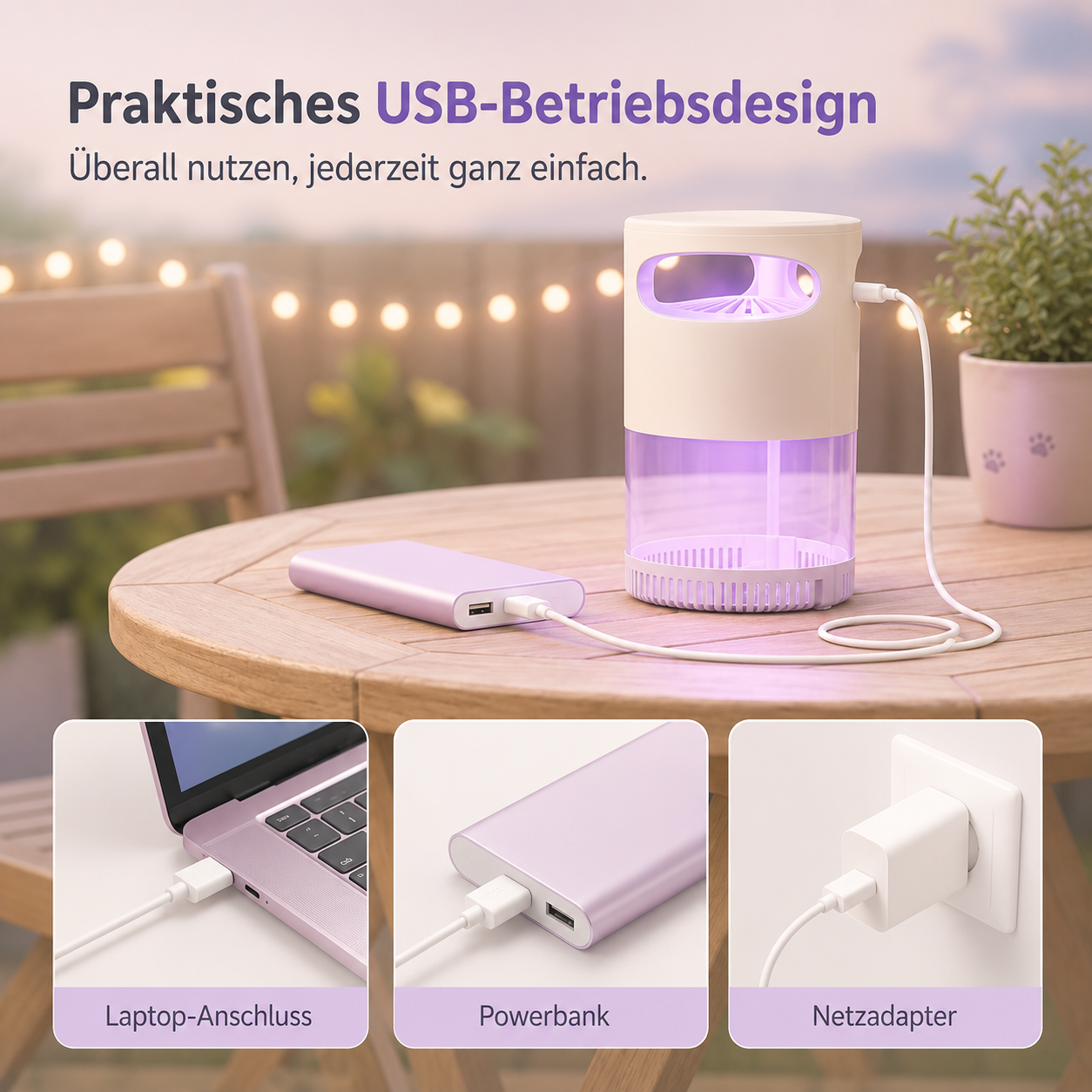 Praktisches USB-Betriebsdesign – Laptop-Anschluss, Powerbank und Netzadapter